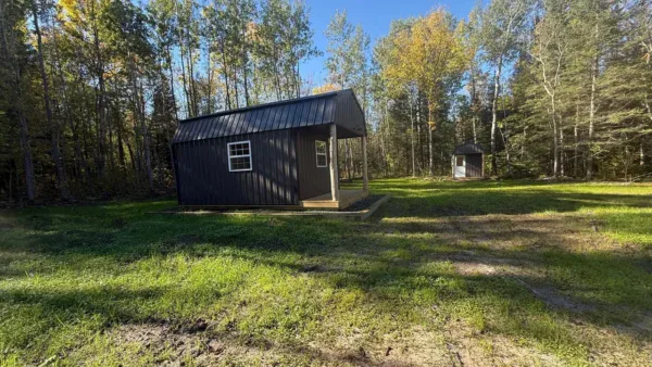 A small dark-colored cabin with a metal roof sits on a grassy clearing surrounded by trees in Kelliher, MN. A smaller shed is visible in the background, also on grass, under a clear blue sky—perfectly nestled within 80 acres of scenic landscape.